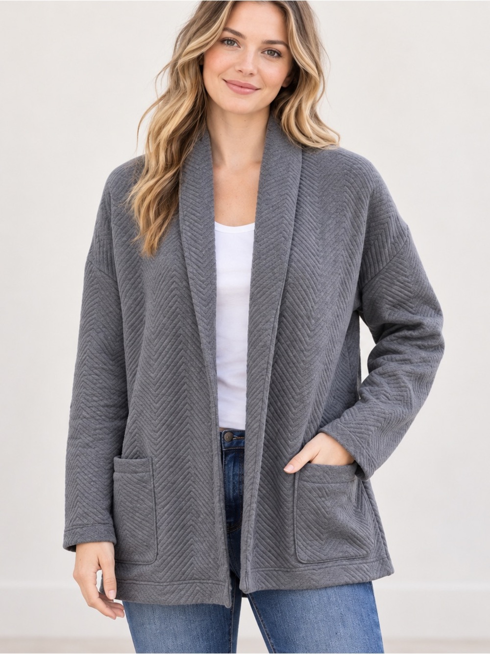 Fabletics Vanessa Quilted Cardigan M Gray Oversized Shawl Collar Pockets